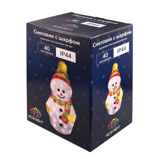 Акриловая светодиодная фигура Снеговик с шарфом 30 см, 40 светодиодов, IP 65, понижающий трансформат